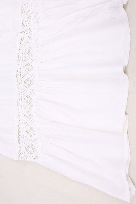 White Deep V Neck Crochet Lace Insert Button Front Ruffle Hem Midi Dress 9
