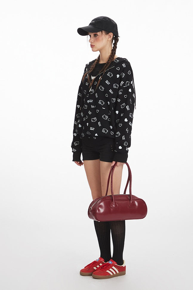 Loose Cat Print Zip Hoodie