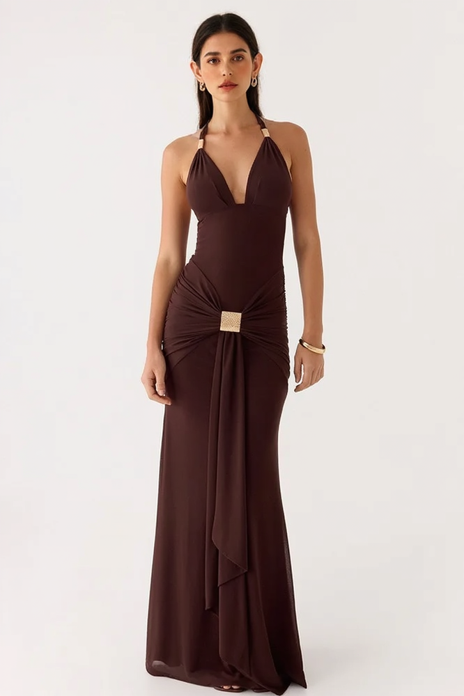 Deep V Halter Backless Sash Bodycon Party Dress