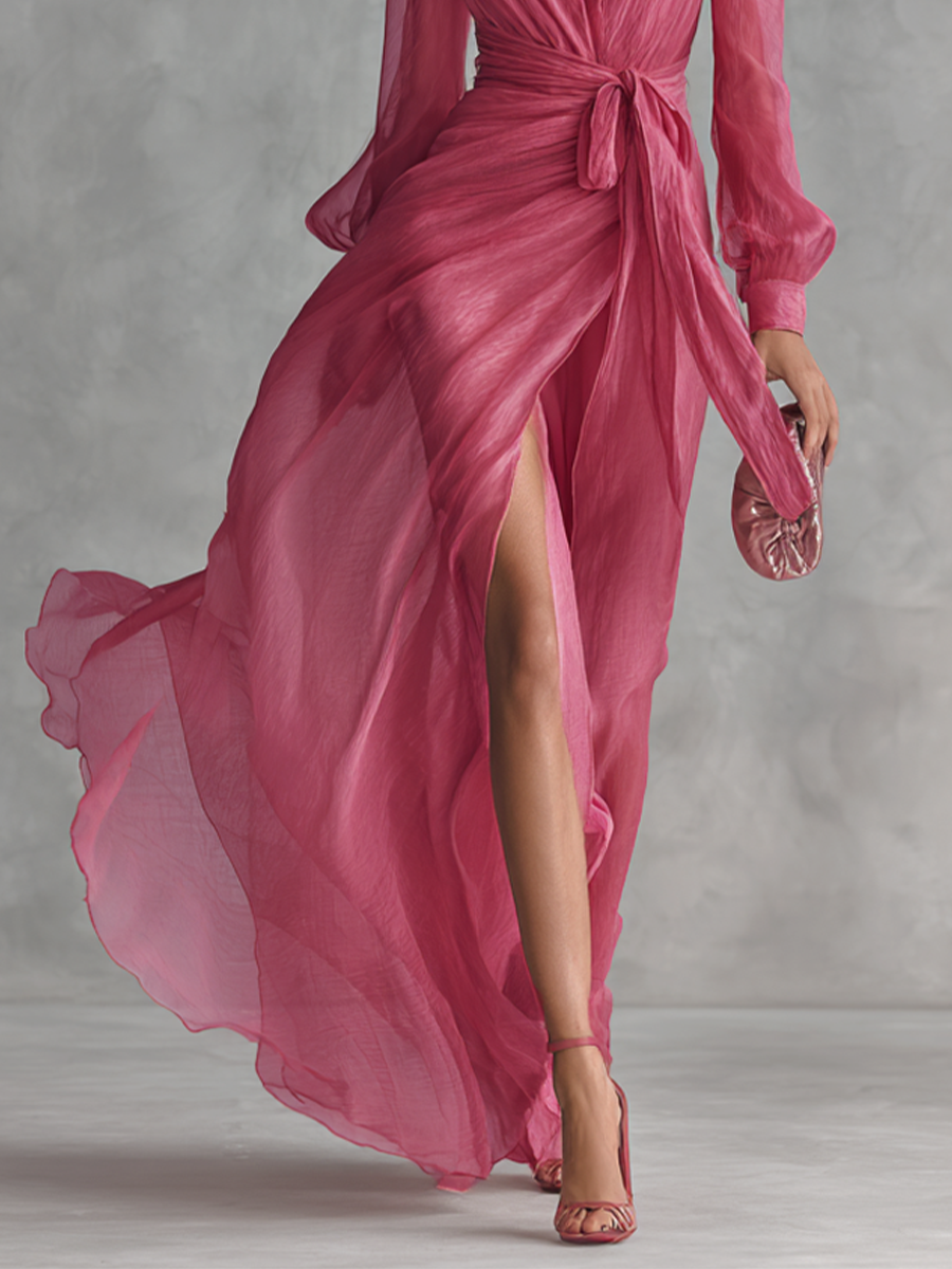 Pink Deep V-Neck Long Sleeve Chiffon Wrap High Slit Maxi Gown 4