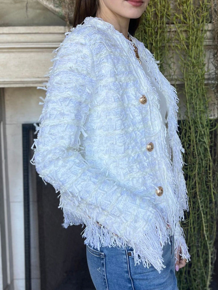 Fringe Trim Tweed Gold Button Cropped Jacket 7