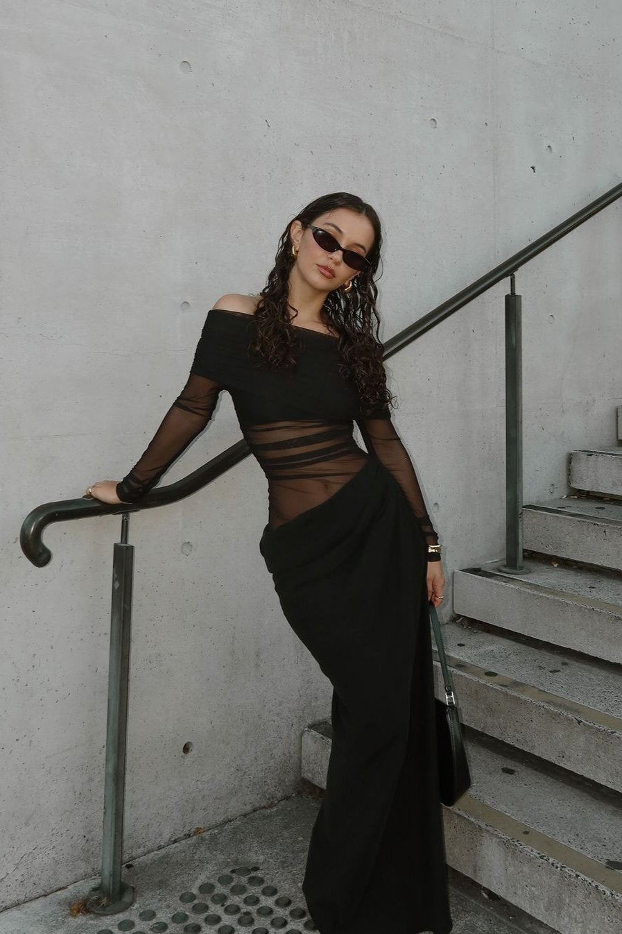Obsidian Veil Off Shoulder Mesh Drape Dress