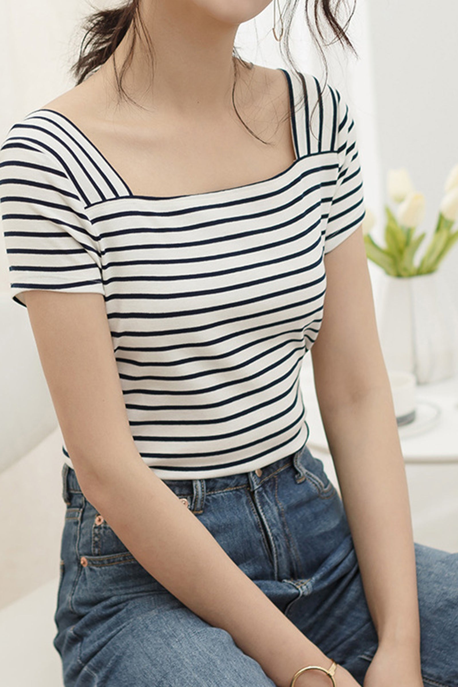 Striped Square Neck T-Shirt