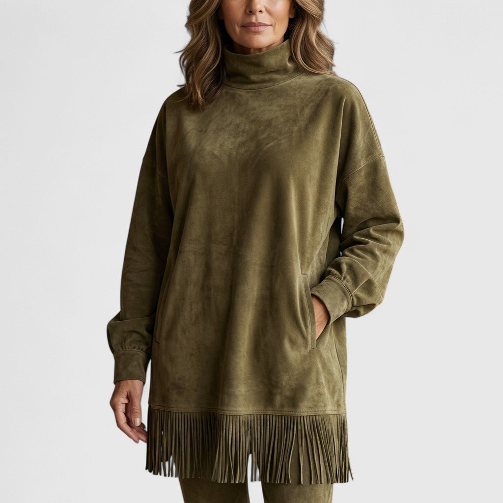 High Neck Suede Fringe Hem Long Sleeve Shift Mini Dress