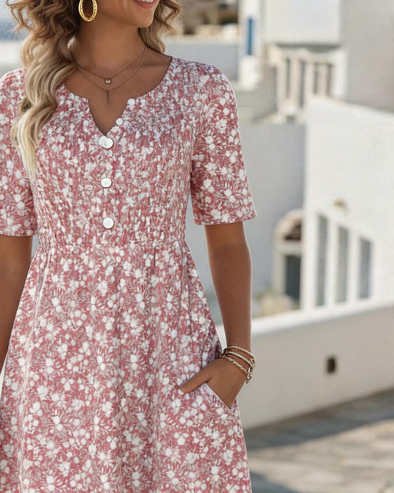 Pink Notch Neck Ditsy Floral Button Front Short Sleeve A-Line Midi Dress 3