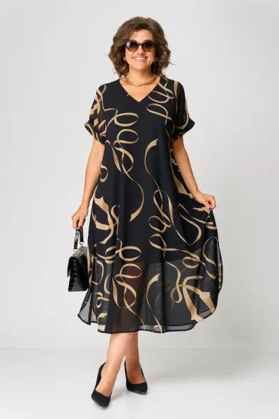 V-Neck Short Sleeve Abstract Print Chiffon A-Line Midi Dress