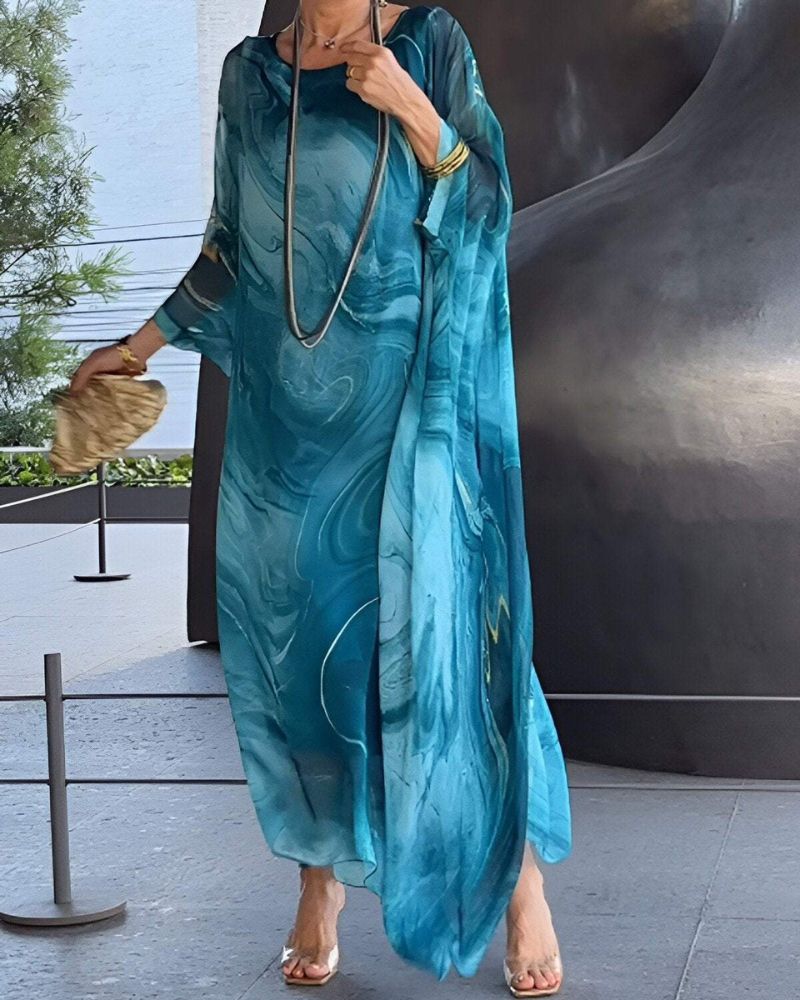 Round Neck Batwing Sleeve Abstract Marble Print Kaftan Maxi Dress