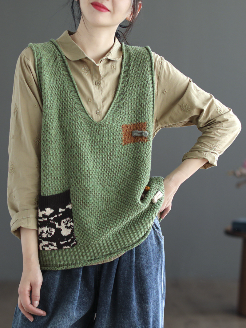 V-Neck Patch Pocket Knit Sleeveless Sweater Vest 4