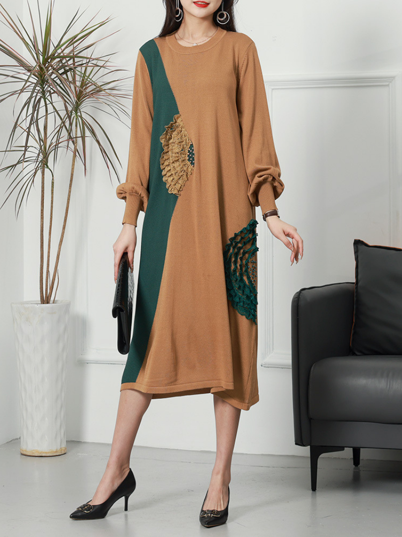 Round Neck Colorblock Lace Applique Long Sleeve Loose Midi Dress 8