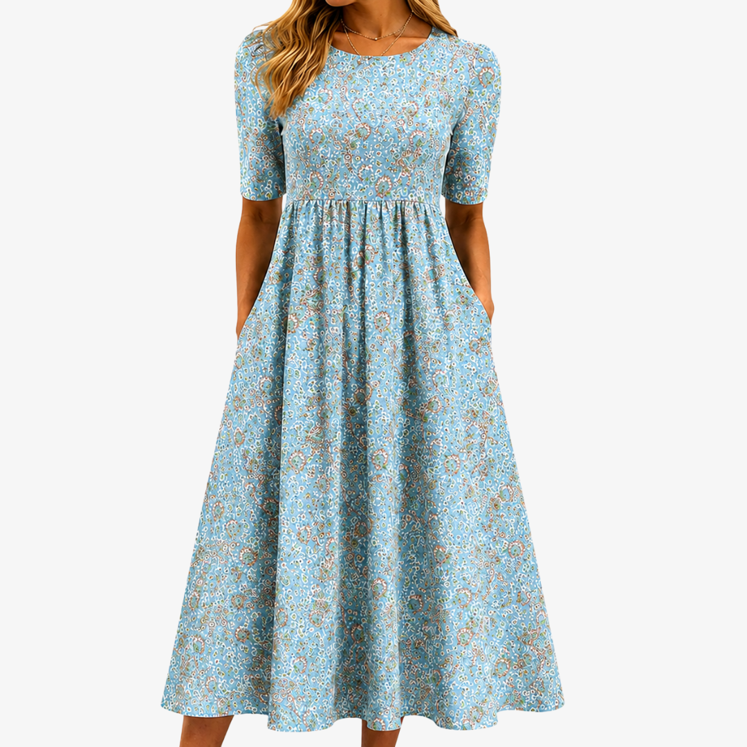 Round Neck Ditsy Floral Short Sleeve Pocket A-Line Midi Dress