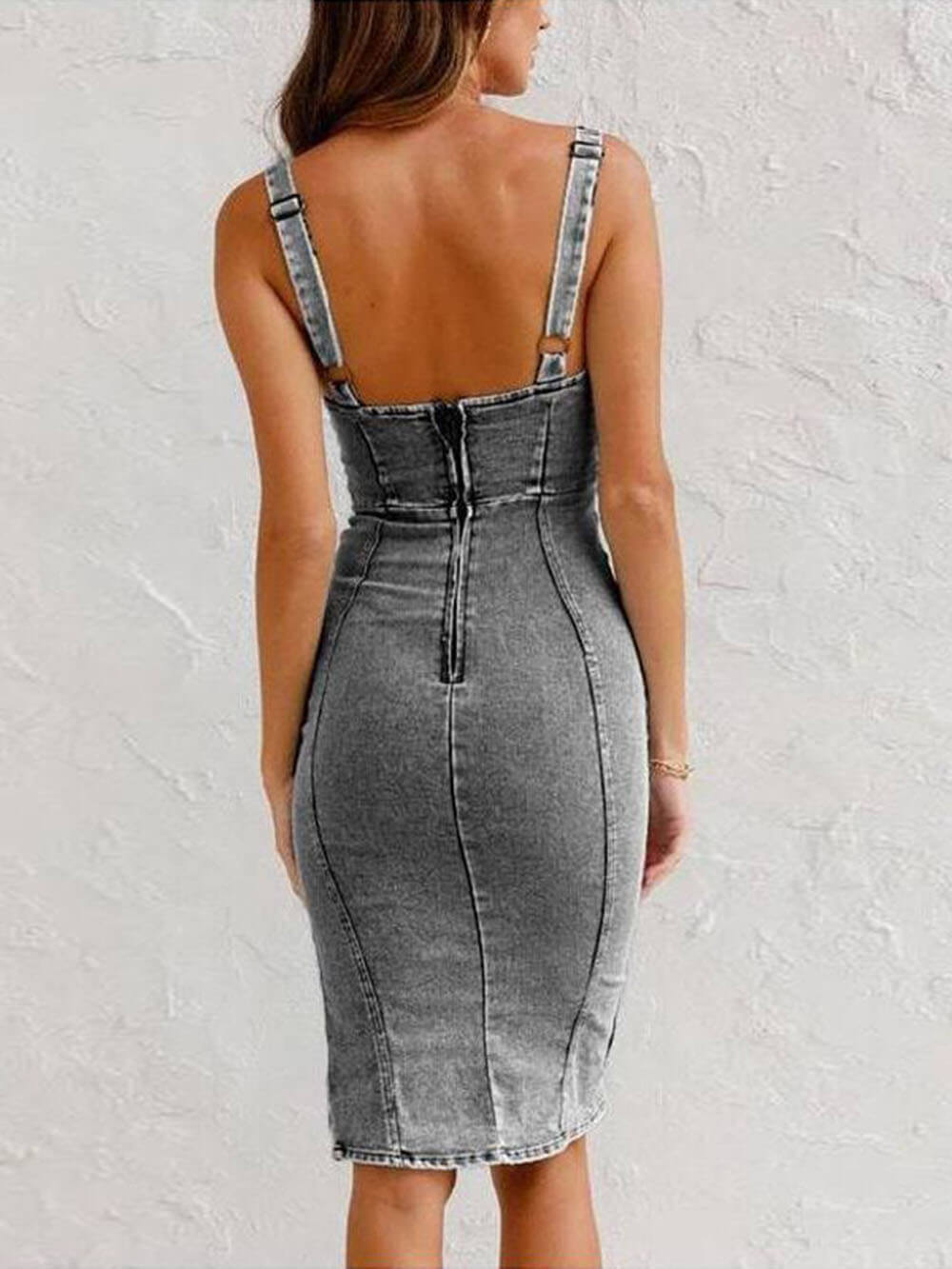 This Seasons Staple Denim Adjustable Straps Zip - up Firm Stretch Midi Dress