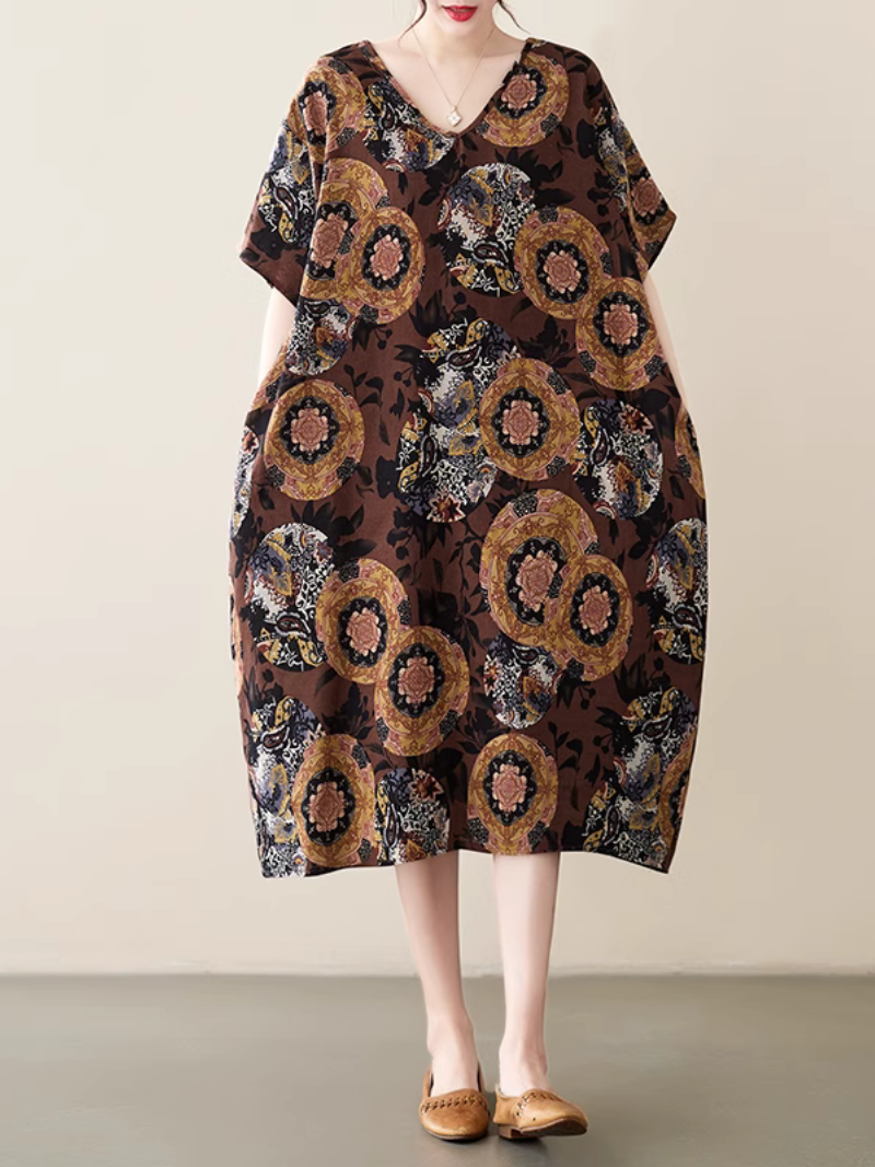 V-Neck Paisley Print Short Sleeve Loose Midi Dress
