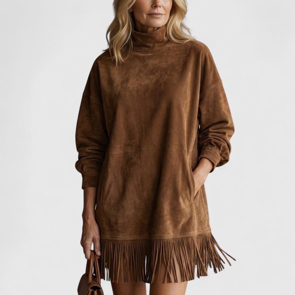 High Neck Suede Fringe Hem Long Sleeve Shift Mini Dress 2