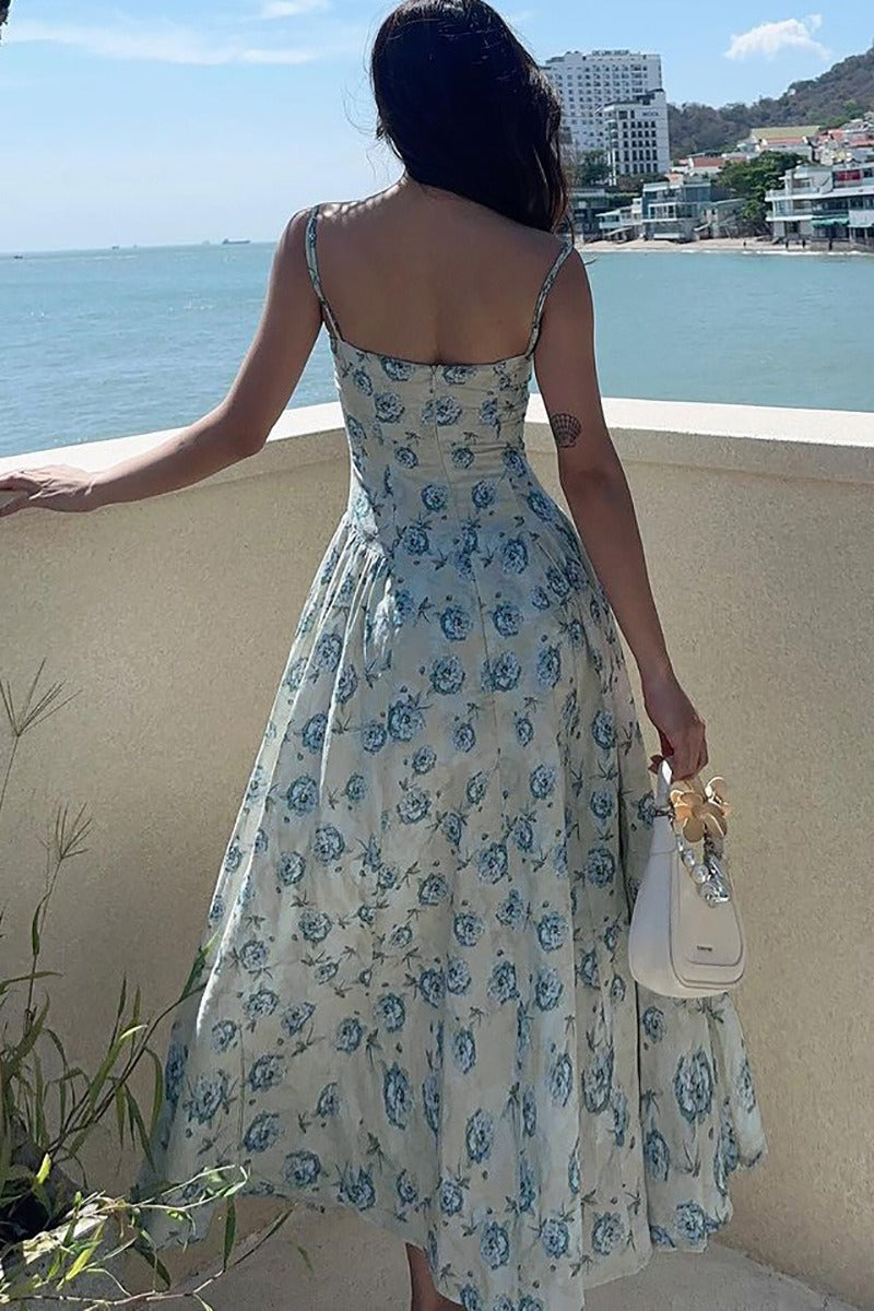 Blue Spaghetti Strap Sweetheart Corset Toile Floral Print A-Line Maxi Dress 4