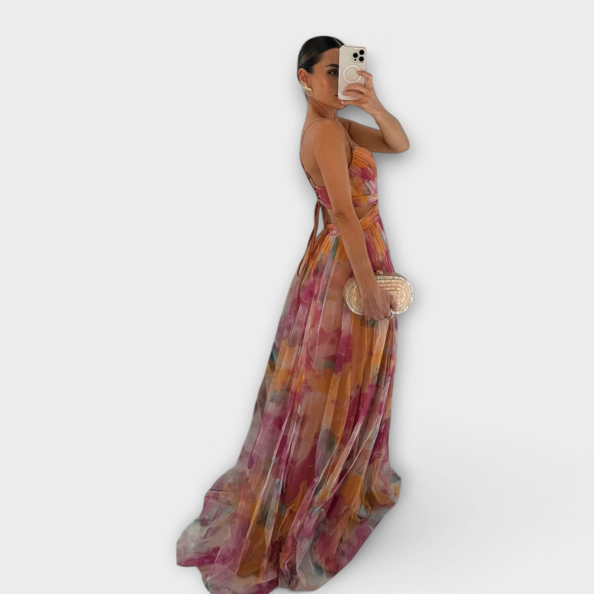 Spaghetti Strap V-Neck Watercolor Floral Tulle High Slit Maxi Gown 4