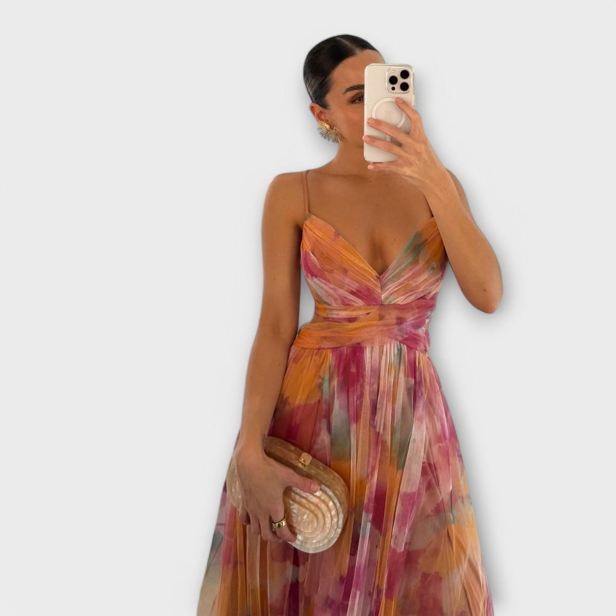 Spaghetti Strap V-Neck Watercolor Floral Tulle High Slit Maxi Gown 3