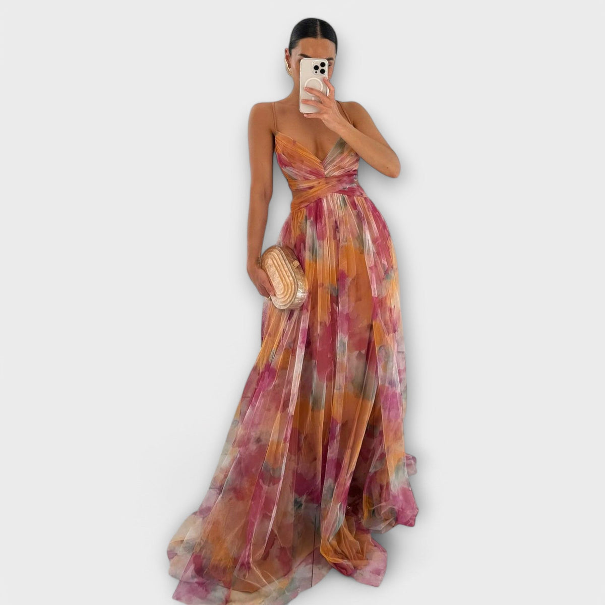 Spaghetti Strap V-Neck Watercolor Floral Tulle High Slit Maxi Gown
