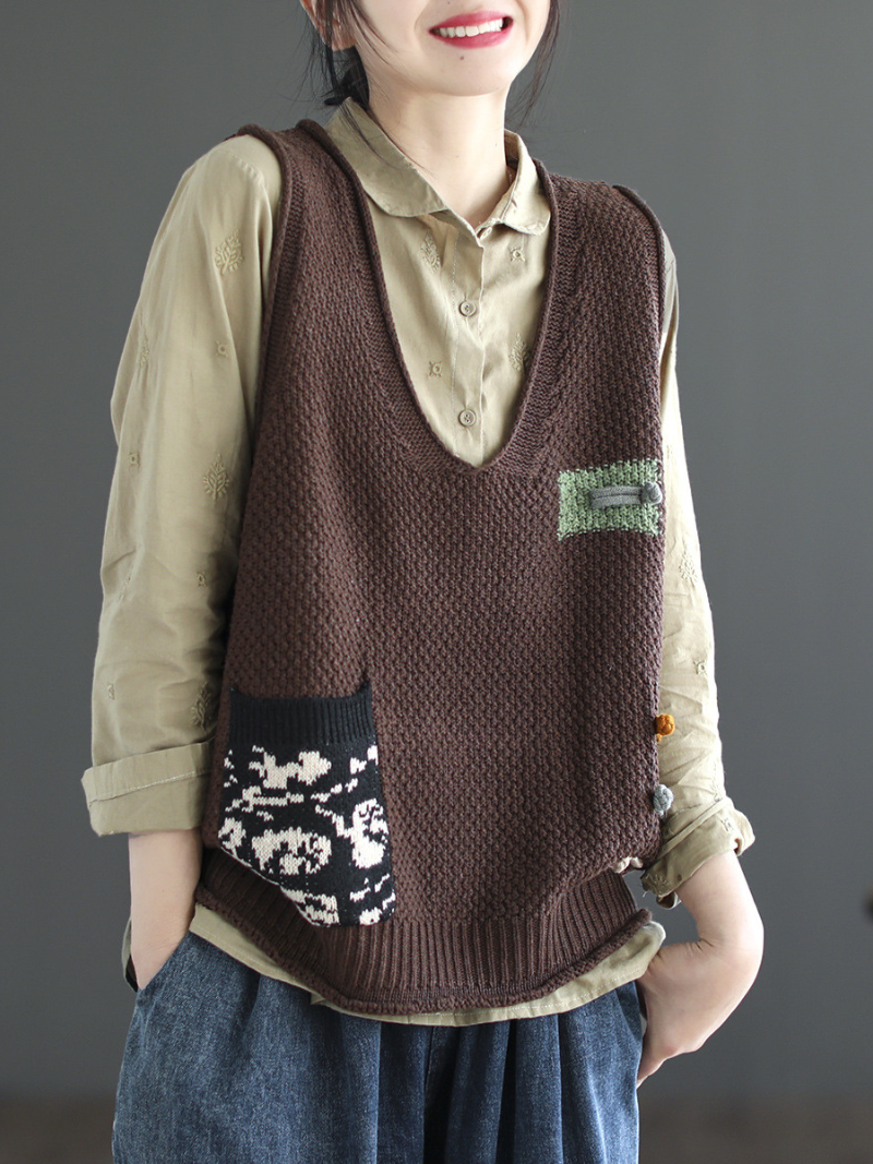 V-Neck Patch Pocket Knit Sleeveless Sweater Vest 10