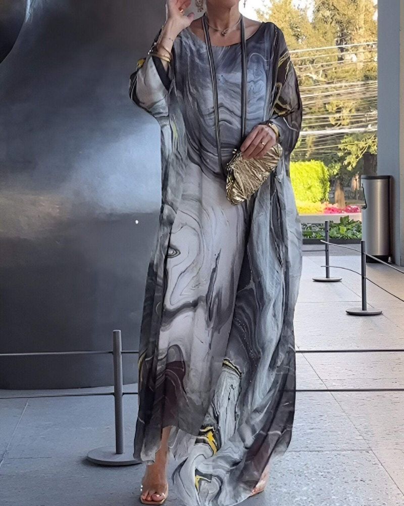 Round Neck Batwing Sleeve Abstract Marble Print Kaftan Maxi Dress