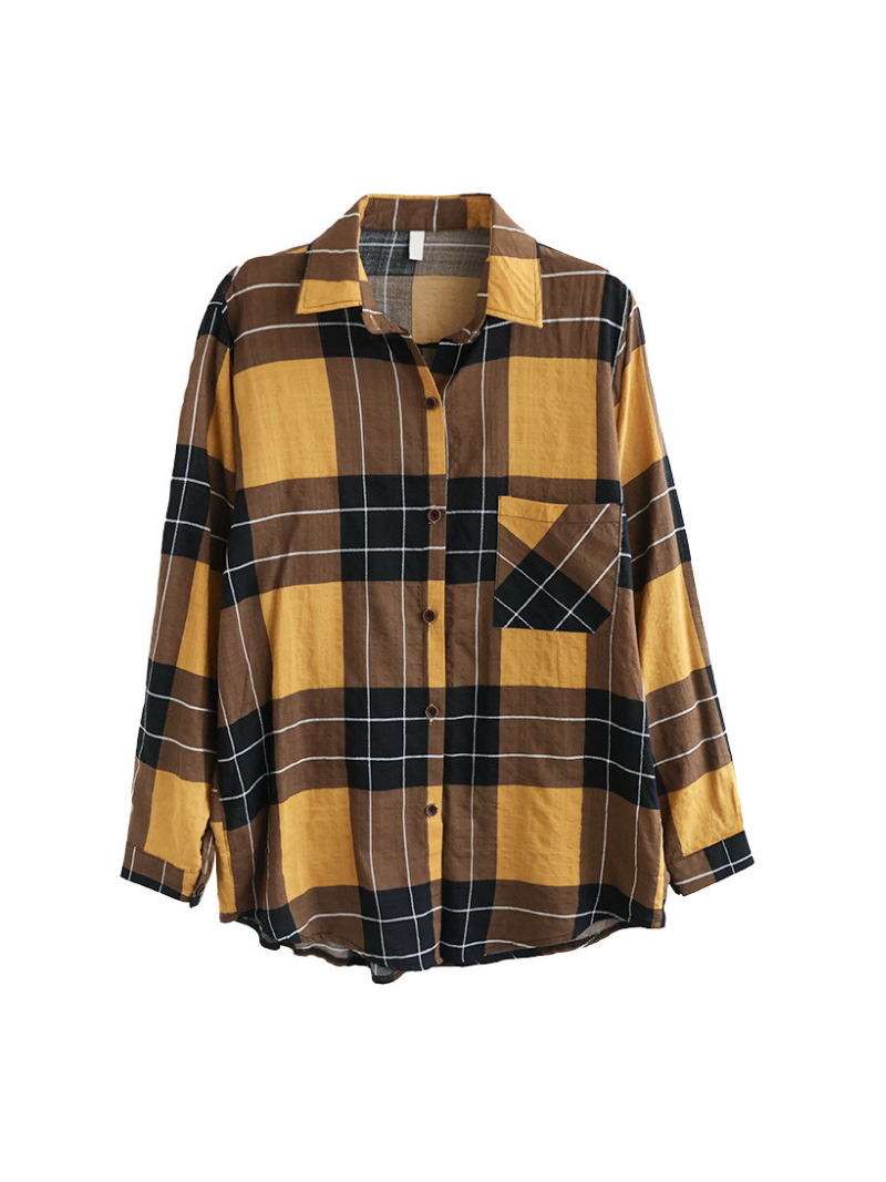 Collared Long Sleeve Plaid Button Front Chest Pocket Loose Shirt 10