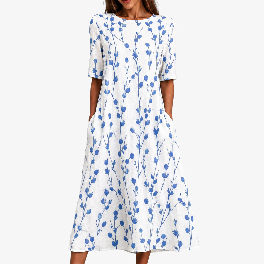 Round Neck Short Sleeve Floral Branch Pocket Linen Midi Dress