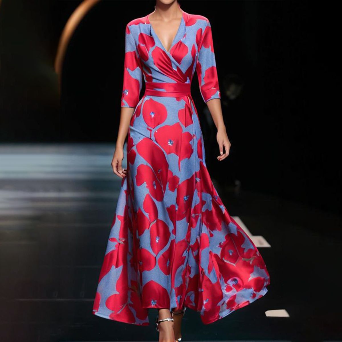 Floral Print Three-Quarter Sleeve Belted A-Line Flowy Maxi Dress 2