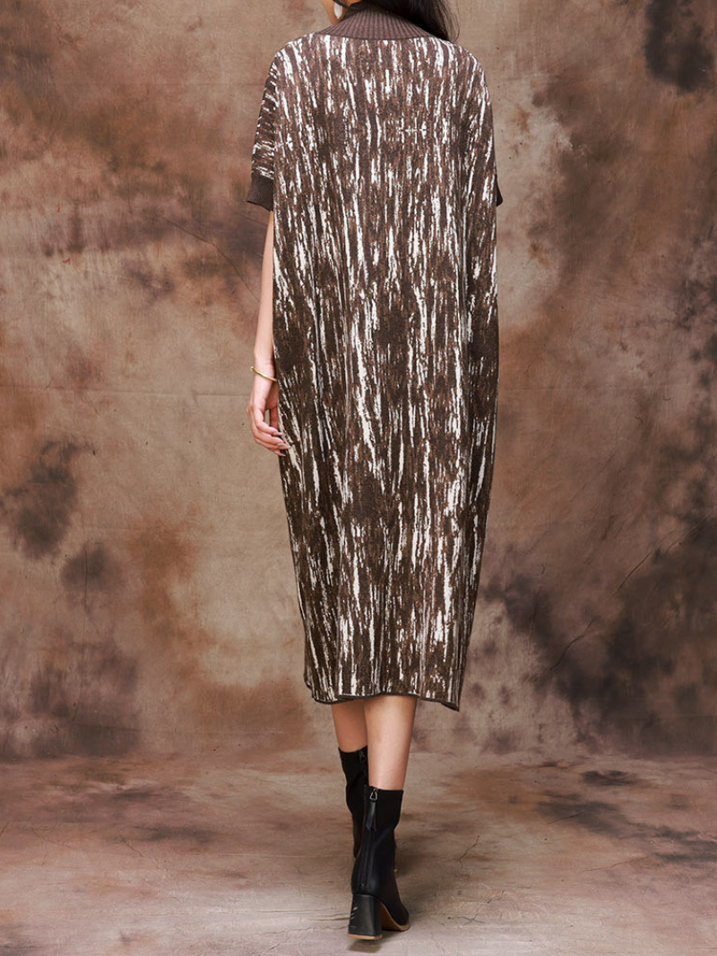 Mock Neck Abstract Print Short Sleeve Loose Knit Midi Dress 7