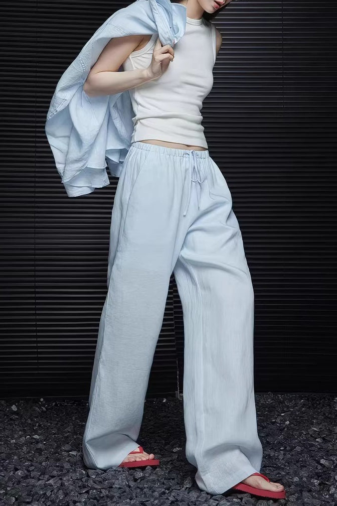 Blue Linen Relaxed High Waist Straight Pants