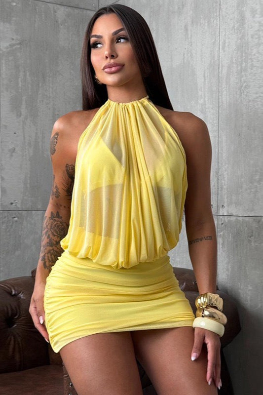 Halter Mesh Open Back Gathered Mini Tight Bodycon Dress