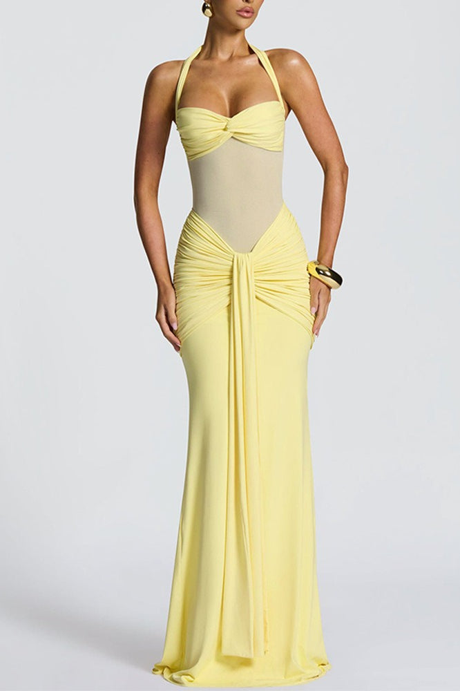 Ruched Halter Drape Tie Curve Long Slip Dress