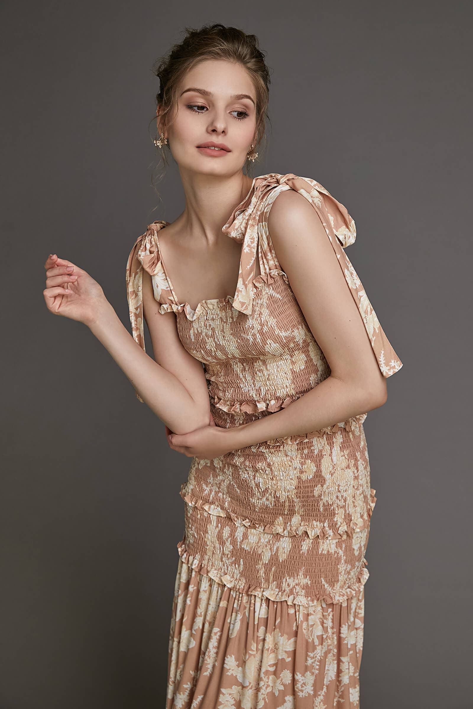 Bisque Floral Print Tie Strap Smocked Ruffled Maxi Dress