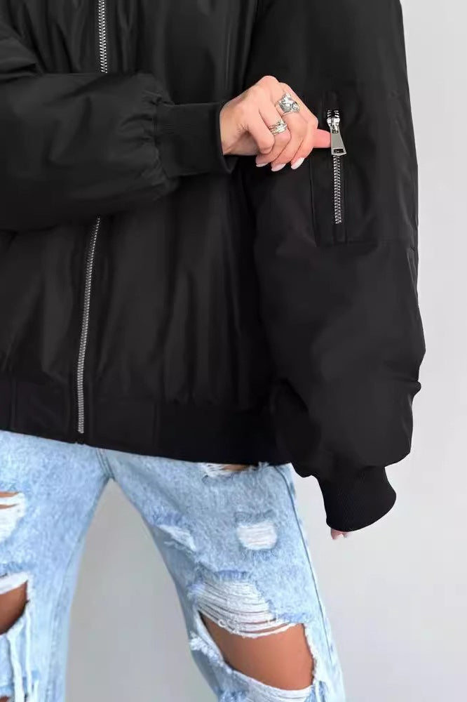 Loose Zip-up Bomber Cotton Jacket
