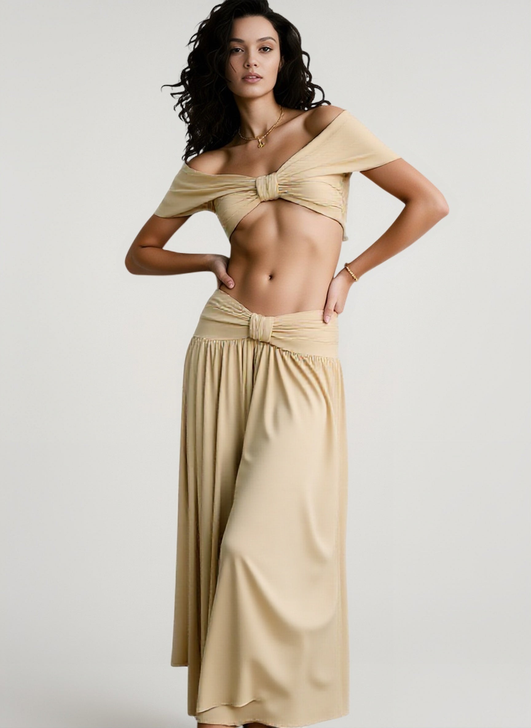 Off shoulder crop ruched maxi vacation set