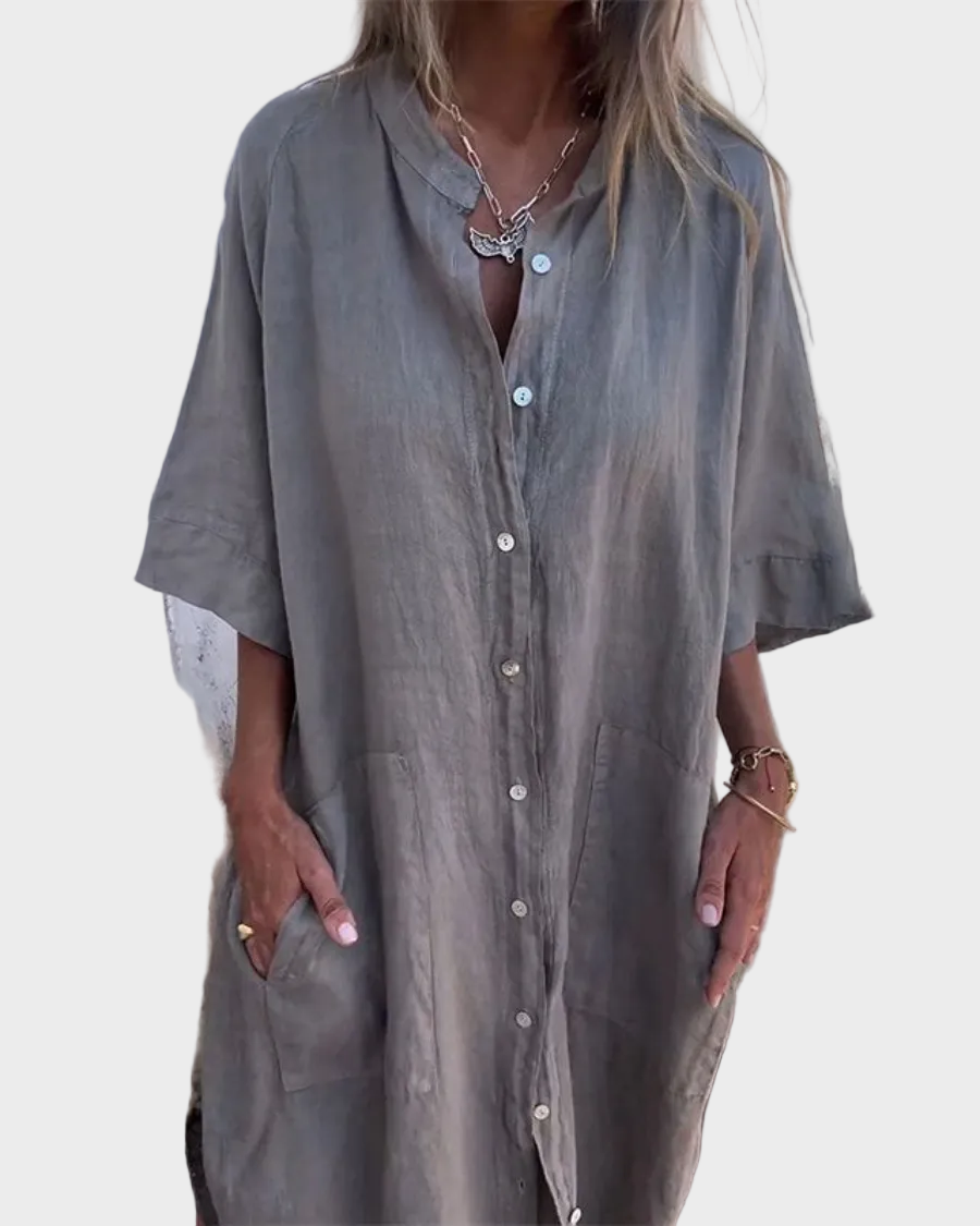 Collared Button Front Half Sleeve Pocket Midi Shirt Dress