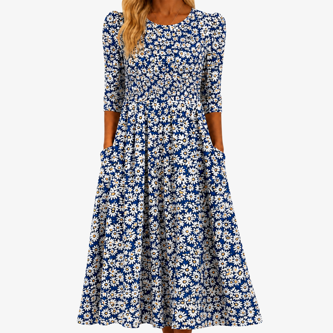 Round Neck Daisy Floral Three-Quarter Sleeve Empire Waist Midi Dress