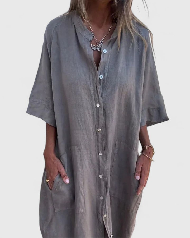 Collared Button Front Short Sleeve Linen Pocket Shirt Midi Dress