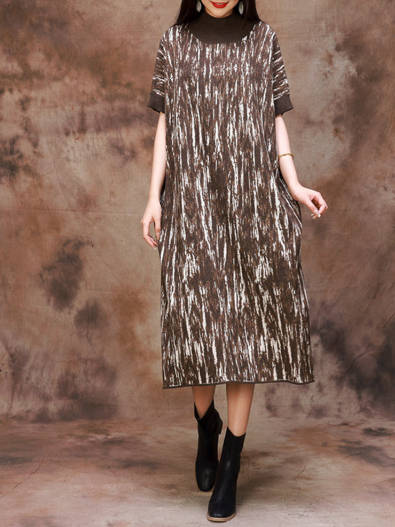 Mock Neck Abstract Print Short Sleeve Loose Knit Midi Dress 8