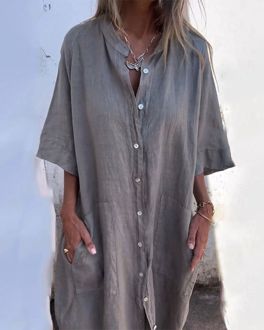 Collared Button Front Linen Pocket Shirt Midi Dress
