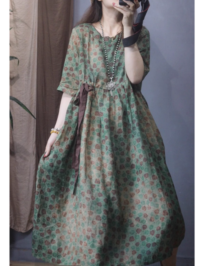 Round Neck Floral Print Side-Tie Short Sleeve A-Line Midi Dress