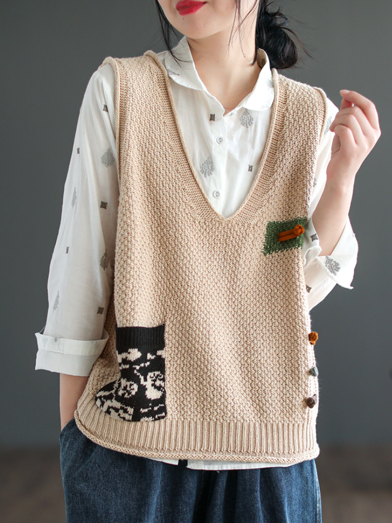 V-Neck Patch Pocket Knit Sleeveless Sweater Vest 5