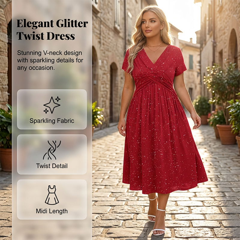 Surplice V-Neck Twist Front Short Sleeve Glitter A-Line Maxi Dress