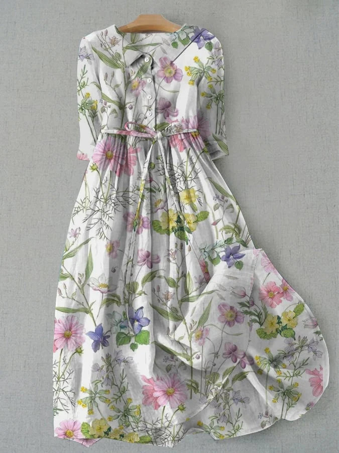 Collared Button Front Wildflower Print Belted A-Line Maxi Dress