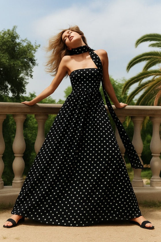 Black Polka Dot Off Shoulder Cami Tie Maxi Dress 2