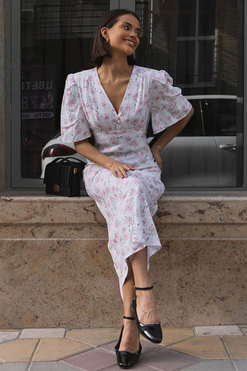 White Deep V Neck Puff Sleeve Empire Waist Button Detail Ditsy Floral Midi Dress 6