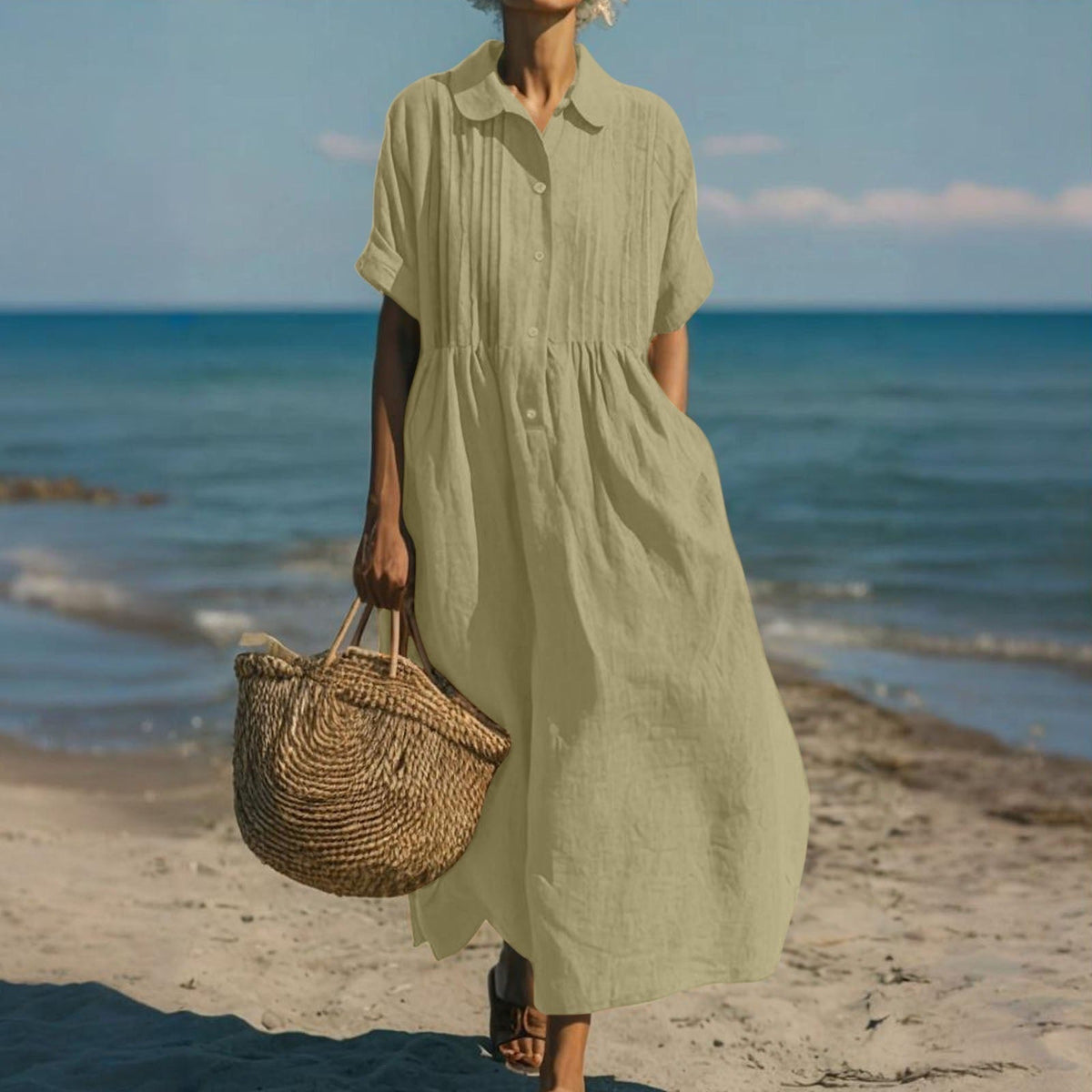 Collared Button Front Pintuck Rolled Sleeve Shirt Maxi Dress 10