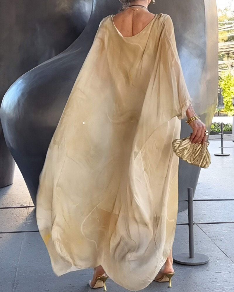 Round Neck Batwing Sleeve Abstract Marble Print Kaftan Maxi Dress