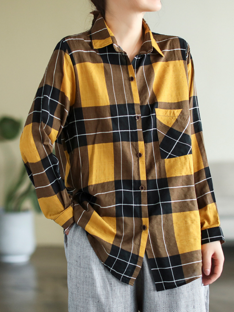 Collared Long Sleeve Plaid Button Front Chest Pocket Loose Shirt 3