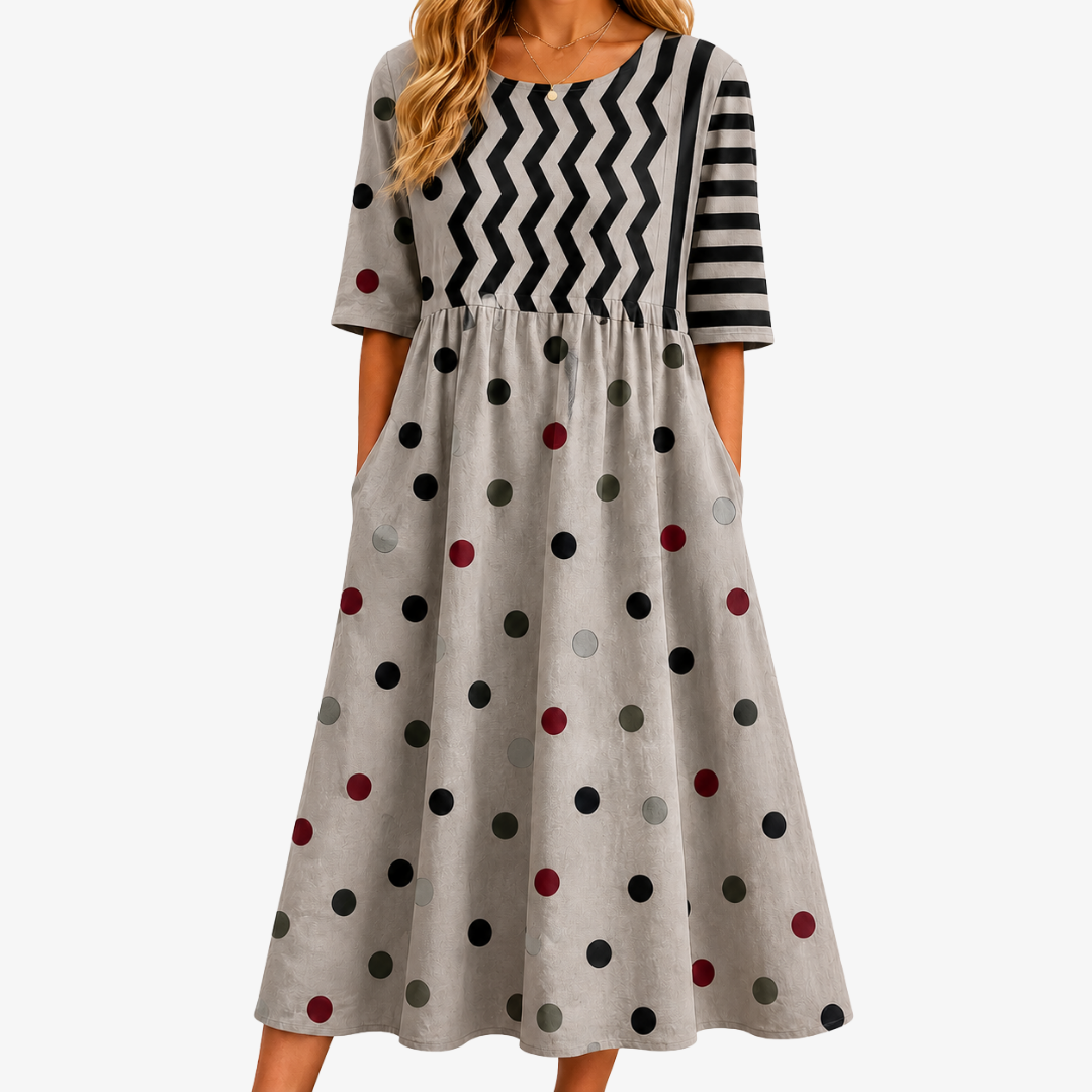 Round Neck Mixed Print Chevron Polka Dot Pocket A-Line Midi Dress