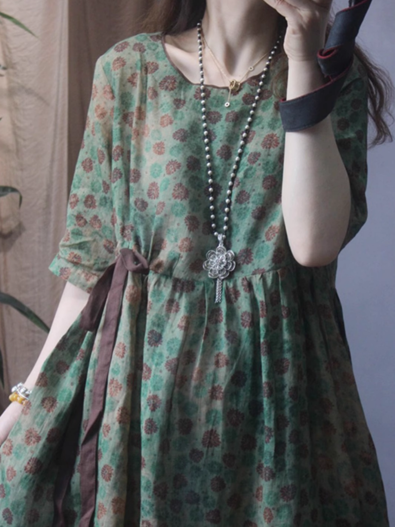 Round Neck Floral Print Side-Tie Short Sleeve A-Line Midi Dress