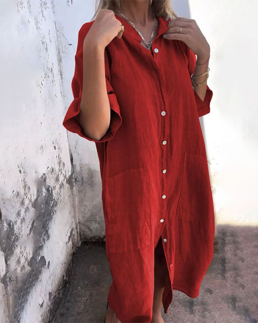 Collared Button Front Linen Pocket Shirt Midi Dress